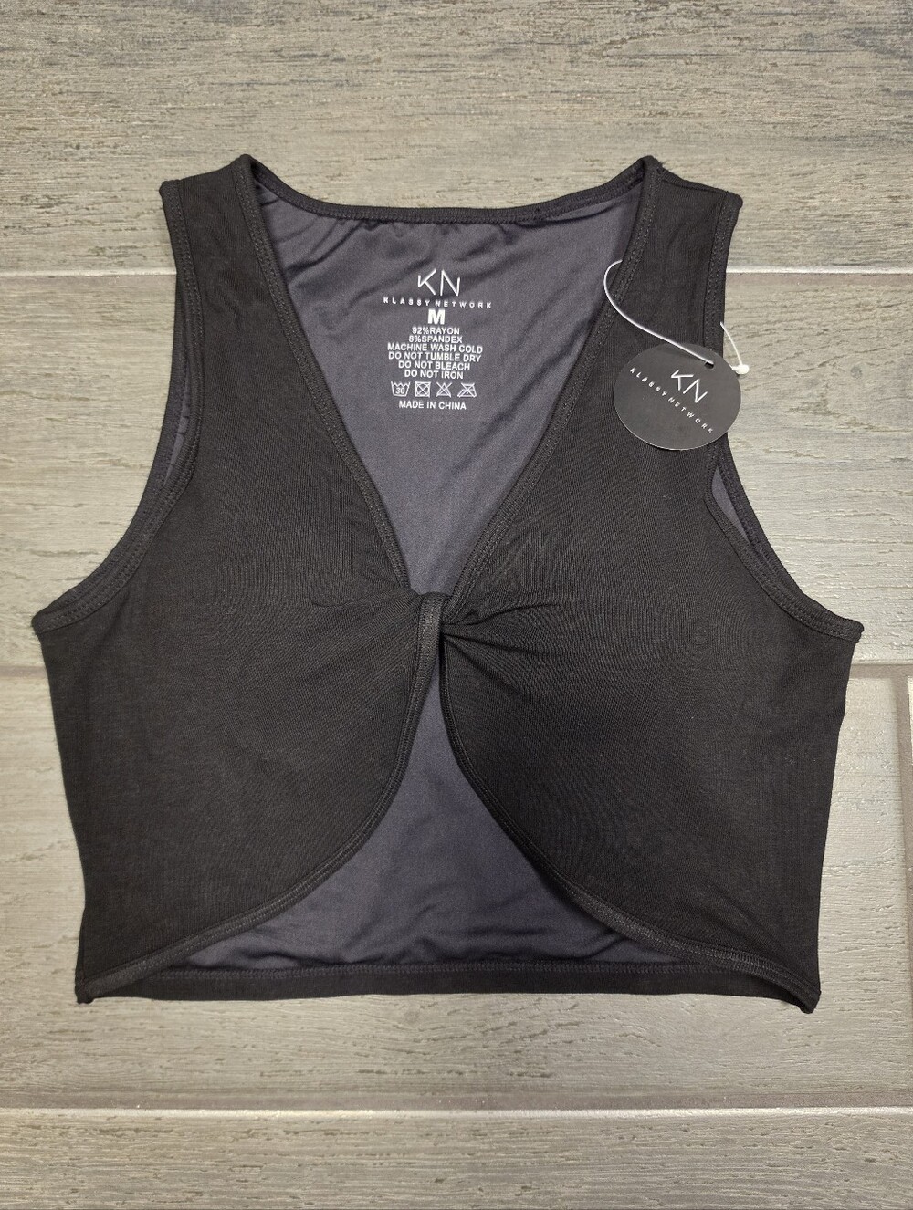 KLASSY NETWORK Black V-Neck Twist Front Brami Knot Workout Top